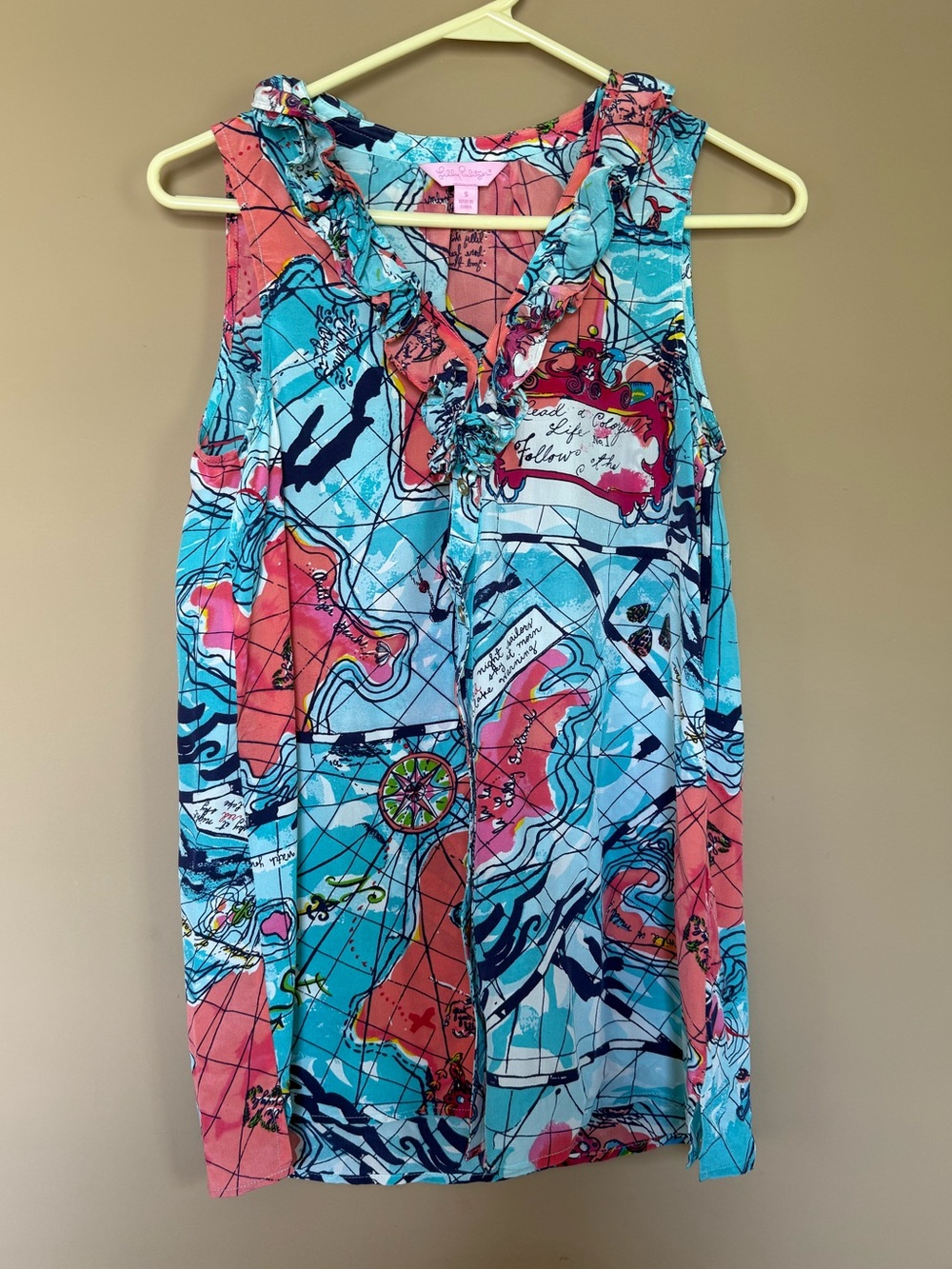 Lilly Pulitzer X Marks The Spot Coral, Aqua & Navy Abstract Print Sleeveless Top